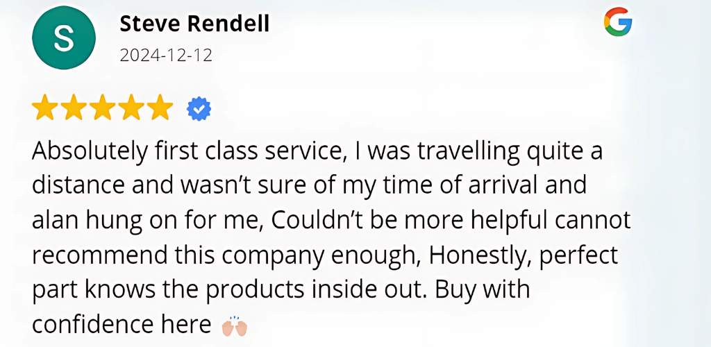 A Google review by Steve Rendell dated 2024-12-12 with a 5-star rating. The review praises the company for its excellent service, helpfulness, and expertise, recommending others to buy with confidence. 