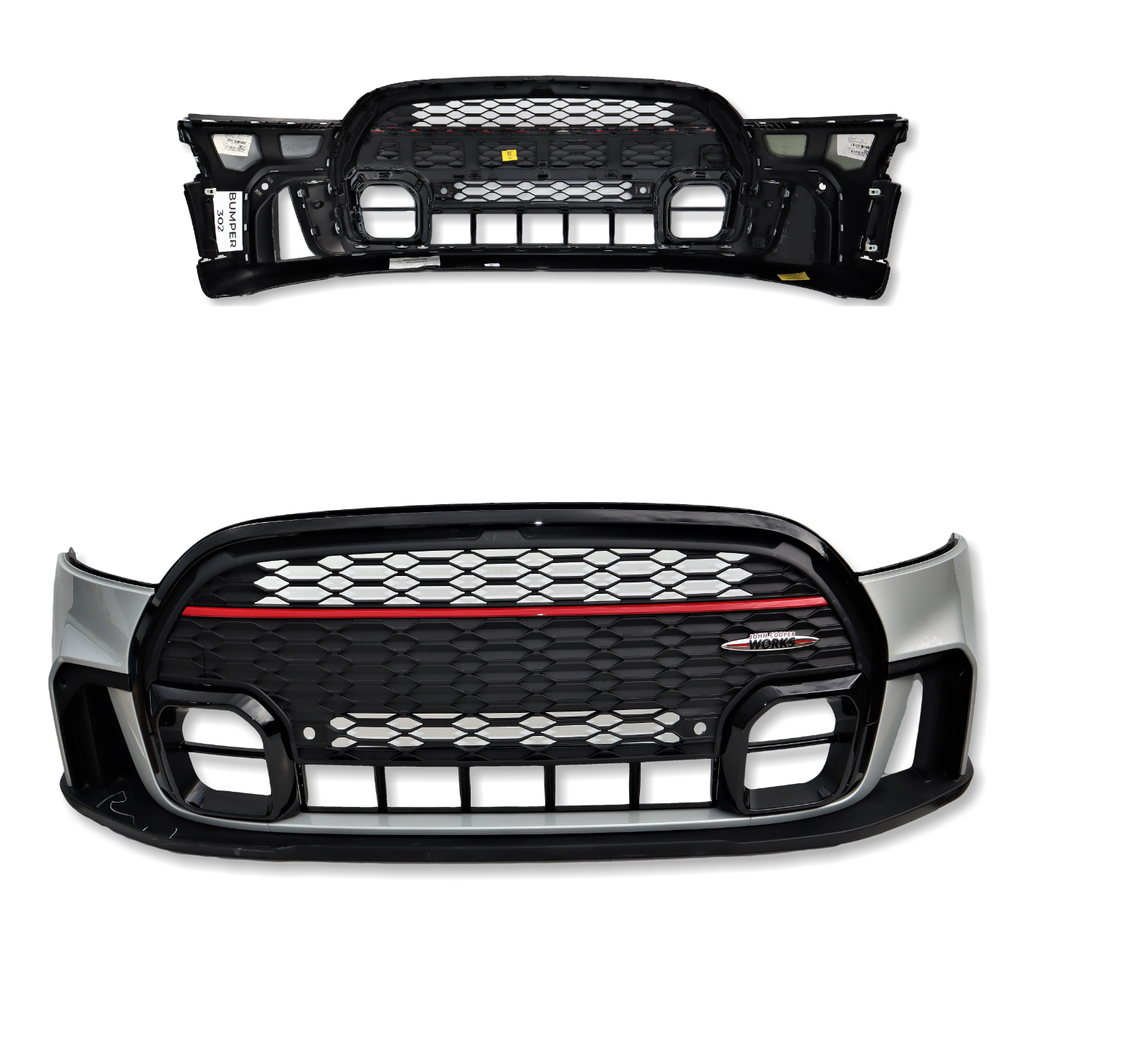 Mini F56 LCi2 John Cooper Works JCW Long Pack 2021-23 Front Bumper White Silver Main Image Mini F56 LCi2 John Cooper Works JCW Long Pack 2021-23 Front Bumper White Silver - Image 1
